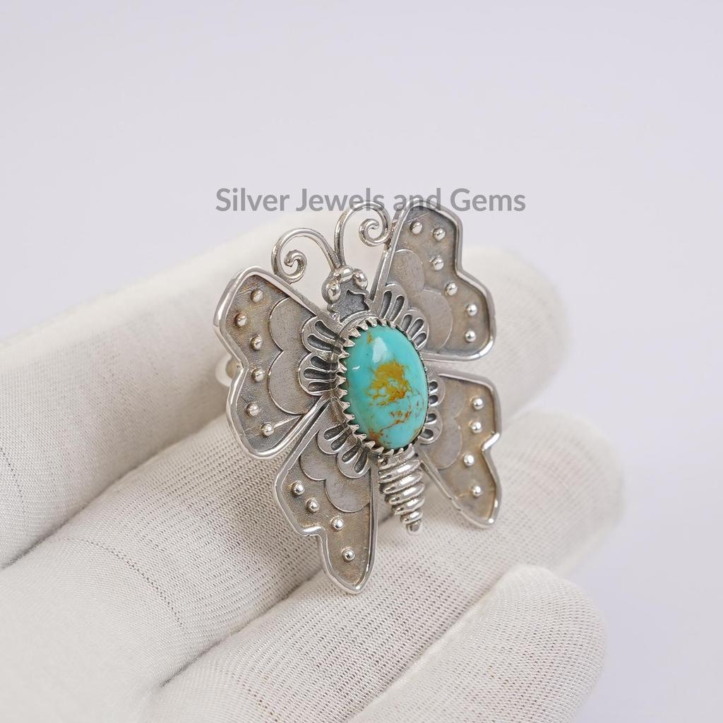 Butterfly Ring, 925 Sterling Silver Ring, Kingman Turquoise Handmade Ring, Gemstone Ring, Birthday Ring, Native American Ring