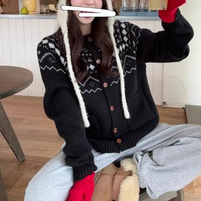 Arctic Fleece Washing Water, Jacquard Fair Island Knitted Cardigan Sweater Jacket Women's Autumn New Long-sleeved Loose