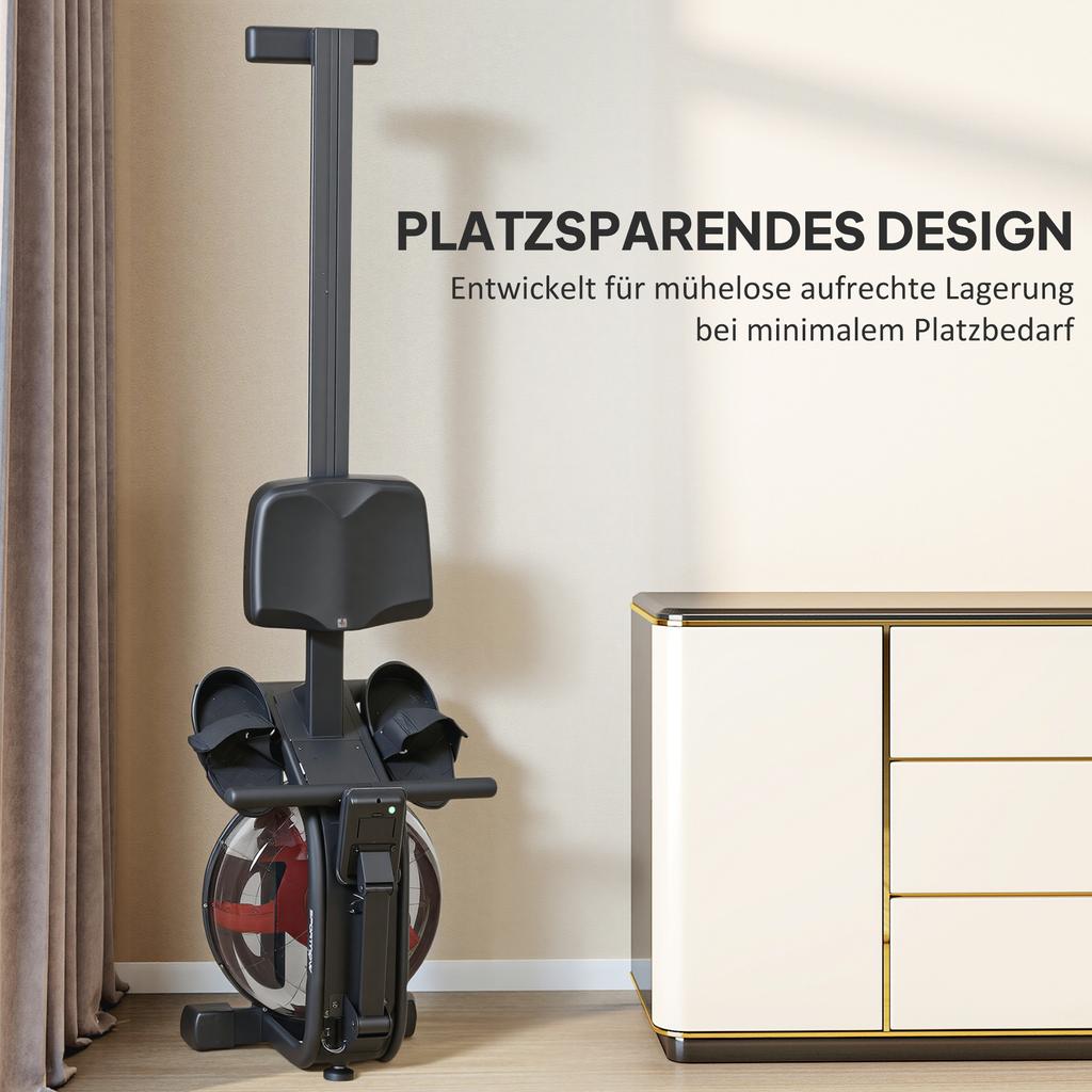 Rudergerät für das Training, Rudergerät mit 6-11 L Wassertank, LCD-Monitor, Handyhalter, 135 kg Belastbarkeit, Stahl, Schwarz