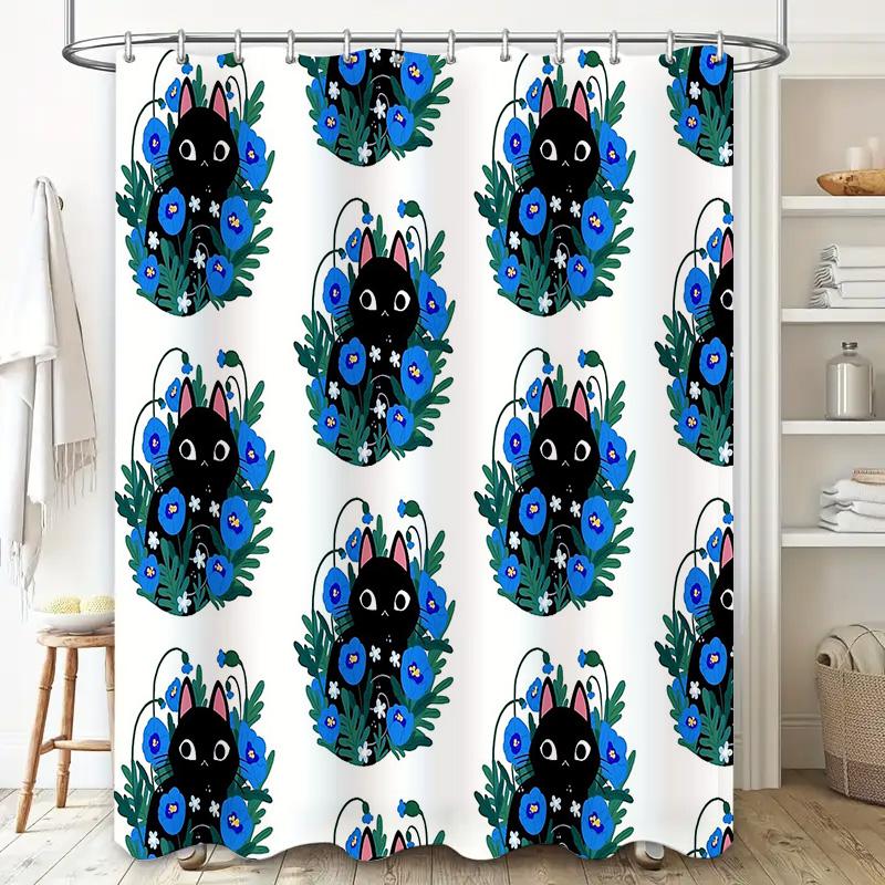 Floral Cat Shower Curtain Botanical Blue Flowers Home Decor Bathroom Set Vintage Nature Art Print Waterproof Fabric