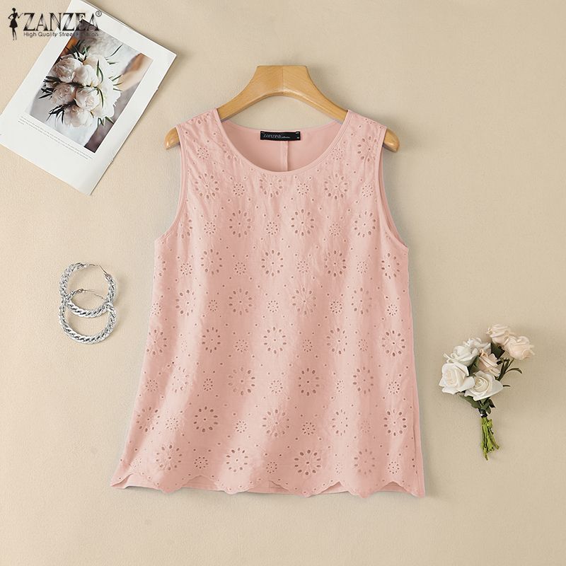 ZANZEA Women Casual Round Neck Sleeveless Lace Crochet Patchwork Loose Vest Tops