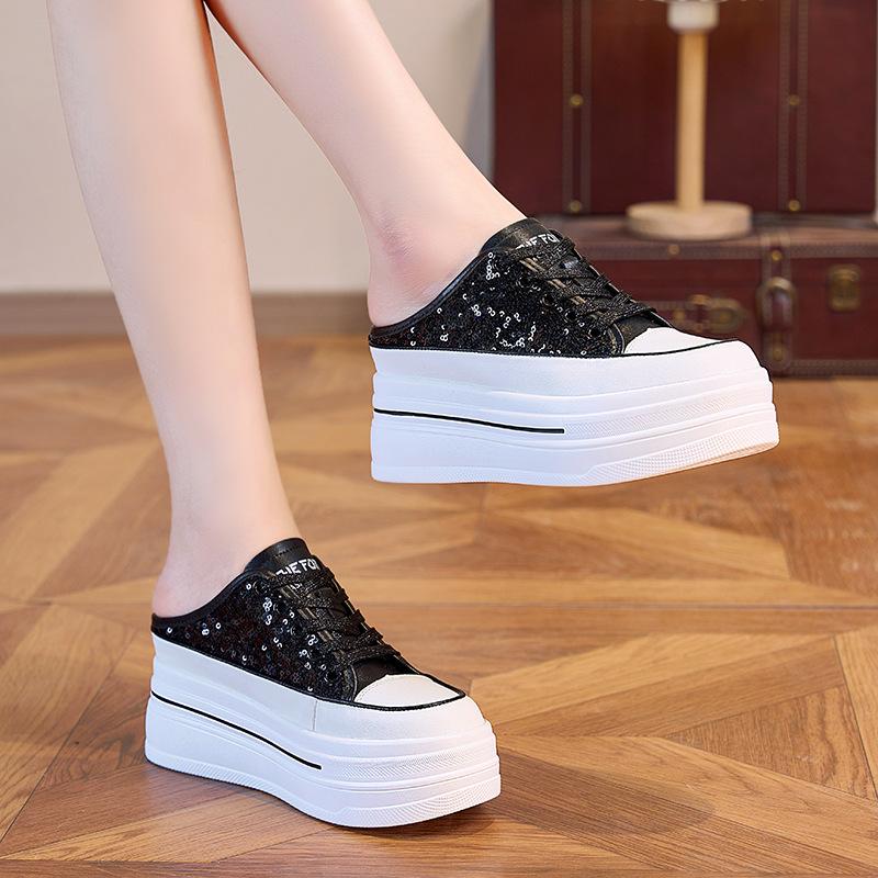 Thick-soled White Shoes for Women Summer Breathable Half Slippers All-match Sports Casual Shoes