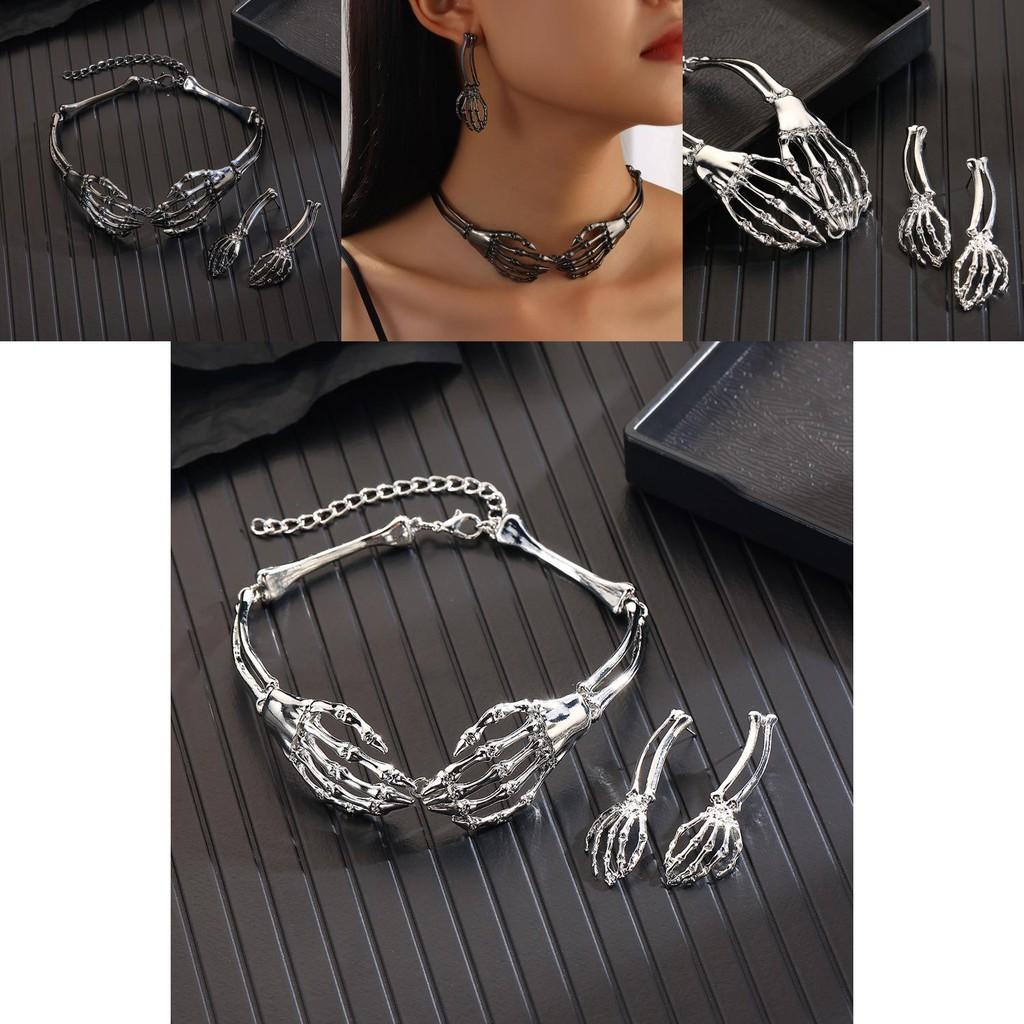 Gothic Punk Skeleton Necklace Earring Set With Metal Bone Hands For Halloween Costume