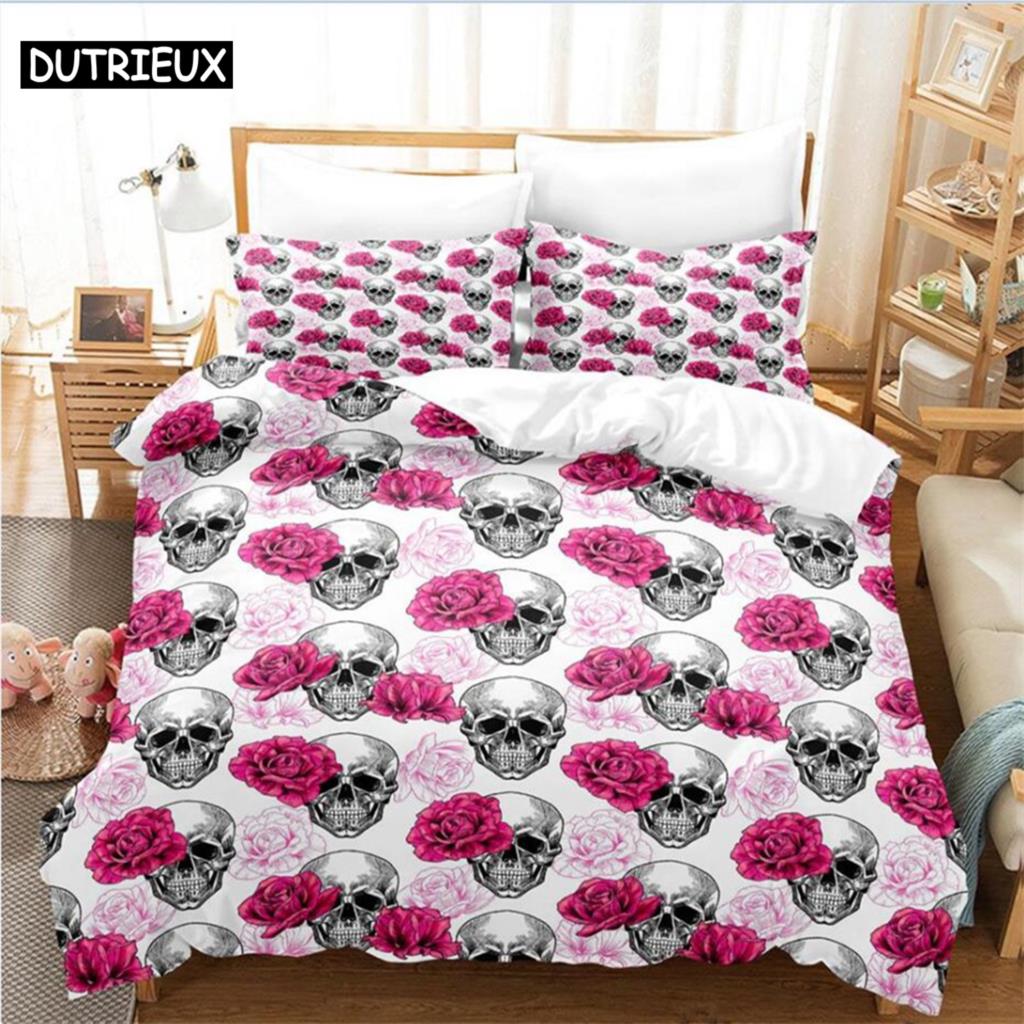 All-Season Roses and Skulls Themed Bedding Set - Anime-Inspired Duvet Cover Set in Twin, Full, Queen & King Sizes (135x200cm)&set