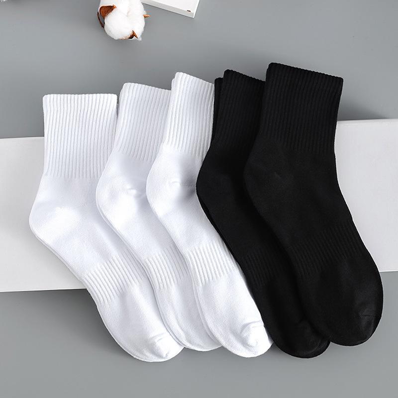 Summer Mid-calf Socks, Breathable Sports Cotton Socks for Men and Women, Black and White, High Rubber Band, Thickened Towel Soles
