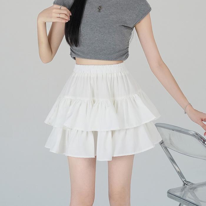 Women's Summer White Ruffle Puff Cake Dress - Ballet-Style High Waist A-Line Midi Skirt