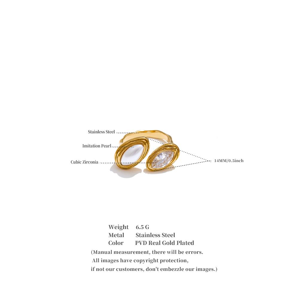 Yhpup Adjustable Stainless Steel Ring Natural Tiger Stone Simulated Pearls Zircon Golden PVD Plated Premium Chic Finger Jewelry