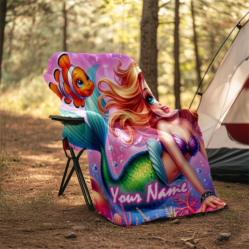 1PC Custom Name Mermaid Adventure Nemo outdooor Flannel blankets Patterns Throw Blanket All-Season Soft Gift for Couch, Bed, Camping gifts