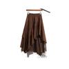 Women's Retro Suede and Lace Patchwork Skirt Asymmetrical Ruffled Midi Skirt