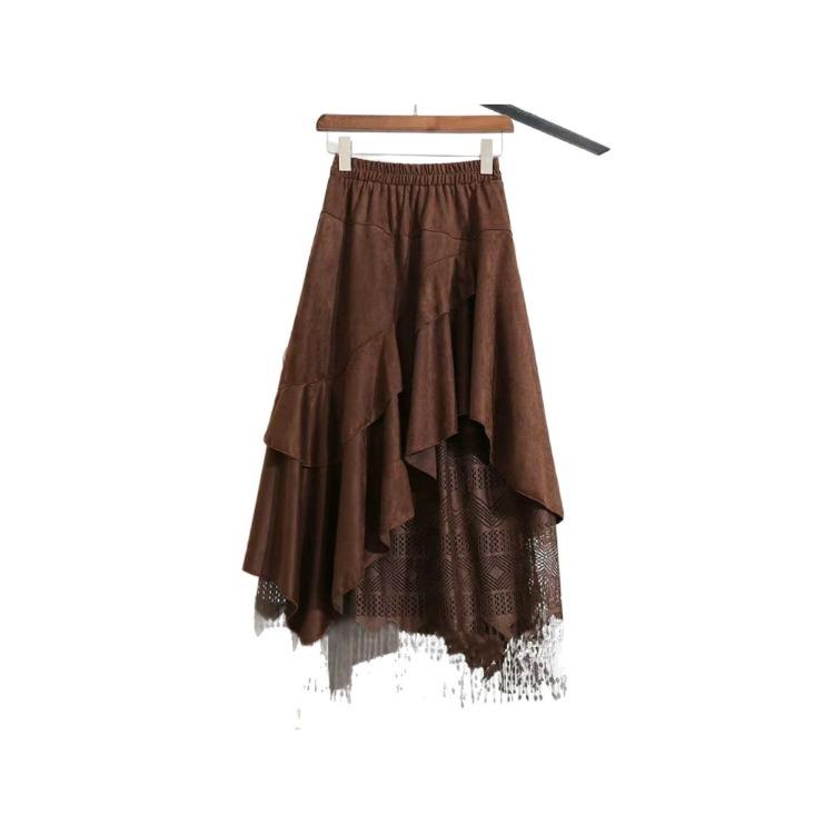 Women's Retro Suede and Lace Patchwork Skirt Asymmetrical Ruffled Midi Skirt