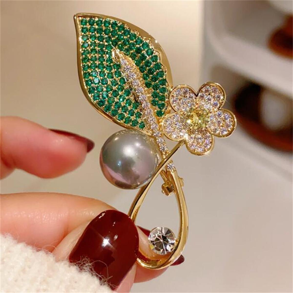 

1Pc Exquisite Leaf Flower Brooch Elegant Luxury Pin Inlaid Zircon Jewelry Accessories Fashion Party Banquet Gift Souvenir 2026 зелёный