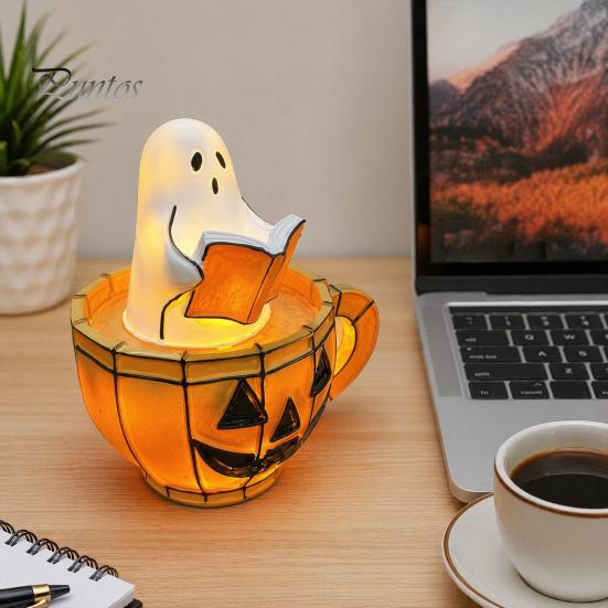 Halloween Bedside Light Ghost Reading Book Lamp, Stained Glass Style Night Light, Resin Spooky Pumpkin Mug Lamp for Bedroom, Living Room, Party,