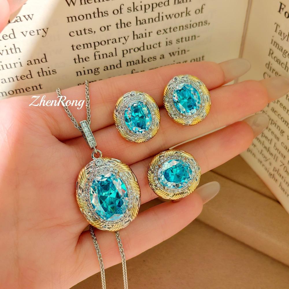 

Women Jewelry Set Fashion Two Tone Gold Pendant Necklace Glacier Blue Earrings High Carbon Diamond Ring Gemstone Jewelry