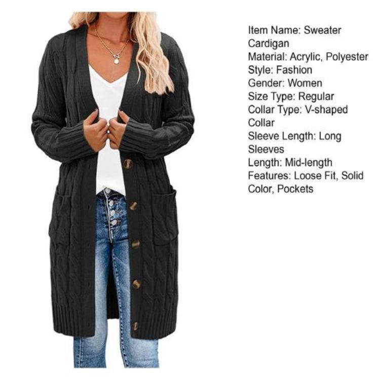 Button Up Knitting Jacket Women Sweater Cardigan Solid Color V Neck Long Sleeve Twist Texture Tops with Pockets