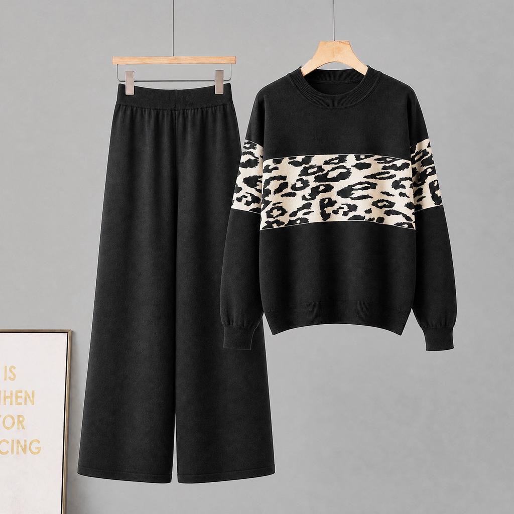 European and American leopard print knitted suit women's two-piece set autumn and winter round neck long-sleeved top casual wide-leg pants suit women