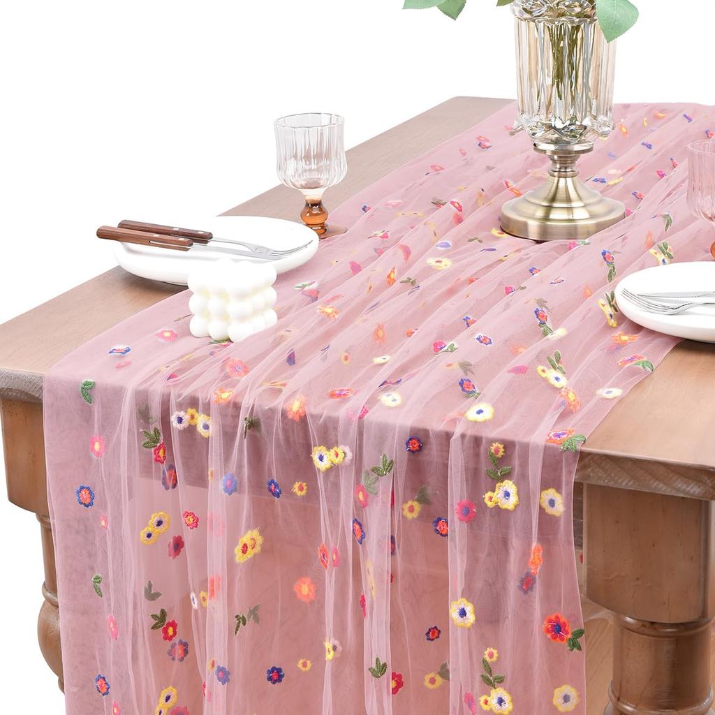 Embroidery Daisy Spring Summer Table Runner 10ft Florals Table Runner Holiday Kitchen Dining Table Decoration for Home Party Indoor
