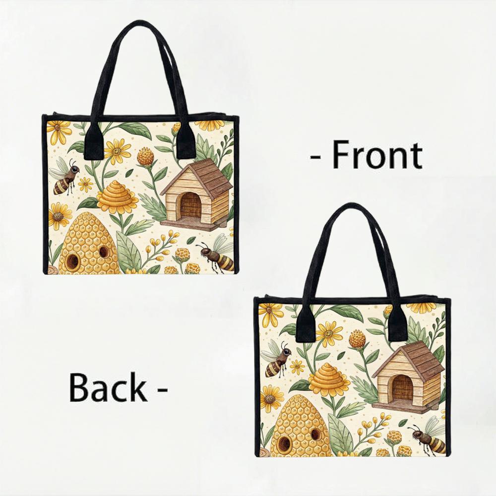 Honey Bee Print Casual Daily Tote Bag Cute Floral Pattern Outdoor Handbag