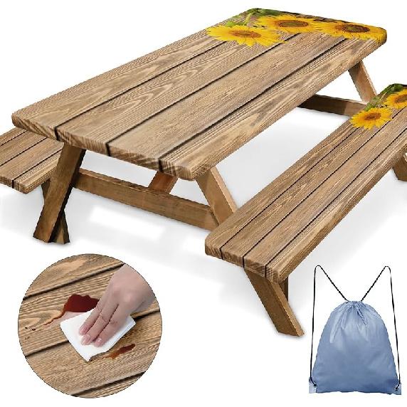 Sunflower Wooden Picnic Table Cover with Bench Covers, Rustic Summer Floral Farmhouse Outdoor Camping Essentials 6FT 3PCS Fitted Rectangle RV Must