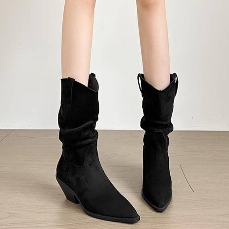 Women's Boots Luxury Suede Leather Casual Boots Fashion Pointed Toe Mid-calf Boots Thick Heeled Western Cowboy Boot Botas Mujer