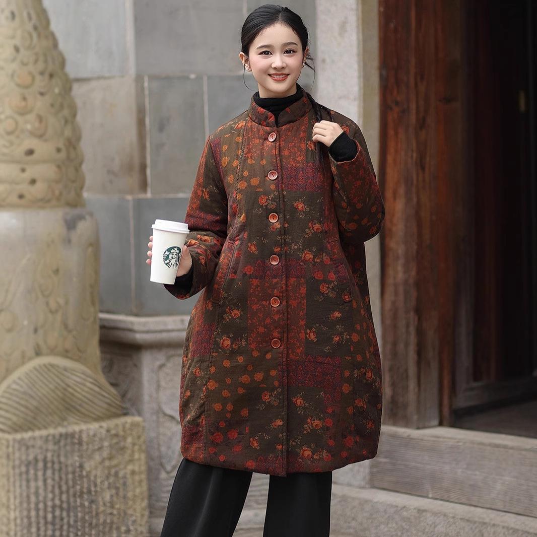 

Johnature Women Vintage Stand Print Floral Button Long Sleeve Coats Winter Warm Chinese Style Female Coats One Size