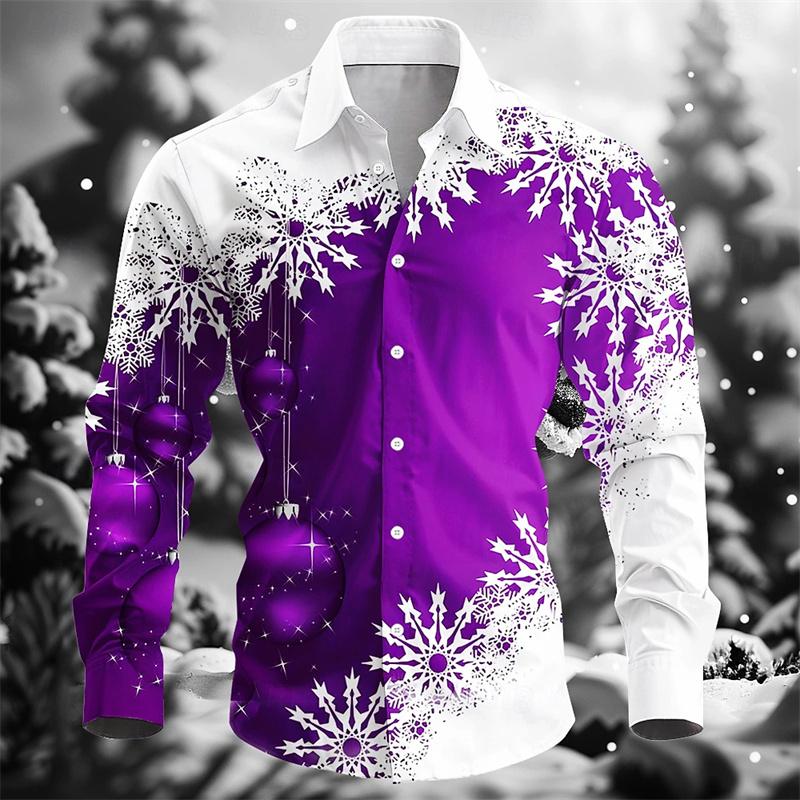 Christmas Men's Long-Sleeve Shirt, Red and White Color Block, Christmas Ball and Snowflake Pattern, Holiday Party Shirt