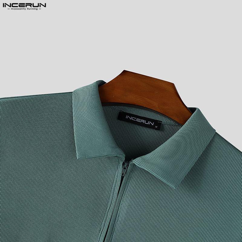 INCERUN Men Lapel Neck Long Sleeve Plain Texture Casual Tops T-Shirts 
