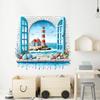 3D Faux Window Lighthouse Seascape Wall Sticker Self-Adhesive Removable Mediterranean Style Living Room Bedroom Background Wall Home Decor