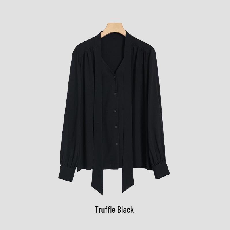 Rong Tai Women's Elegant French Ribbon Long Sleeve V-Neck Chic Shirt - Spring 2026 Collection