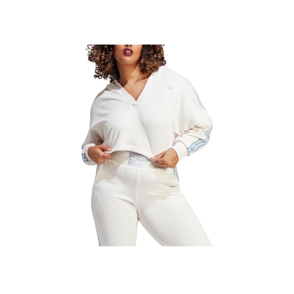 Adidas Originals Trefoil Solid Color V-Neck Cropped Pullover Hoodie Long Sleeve Women Hoodie White IC8521