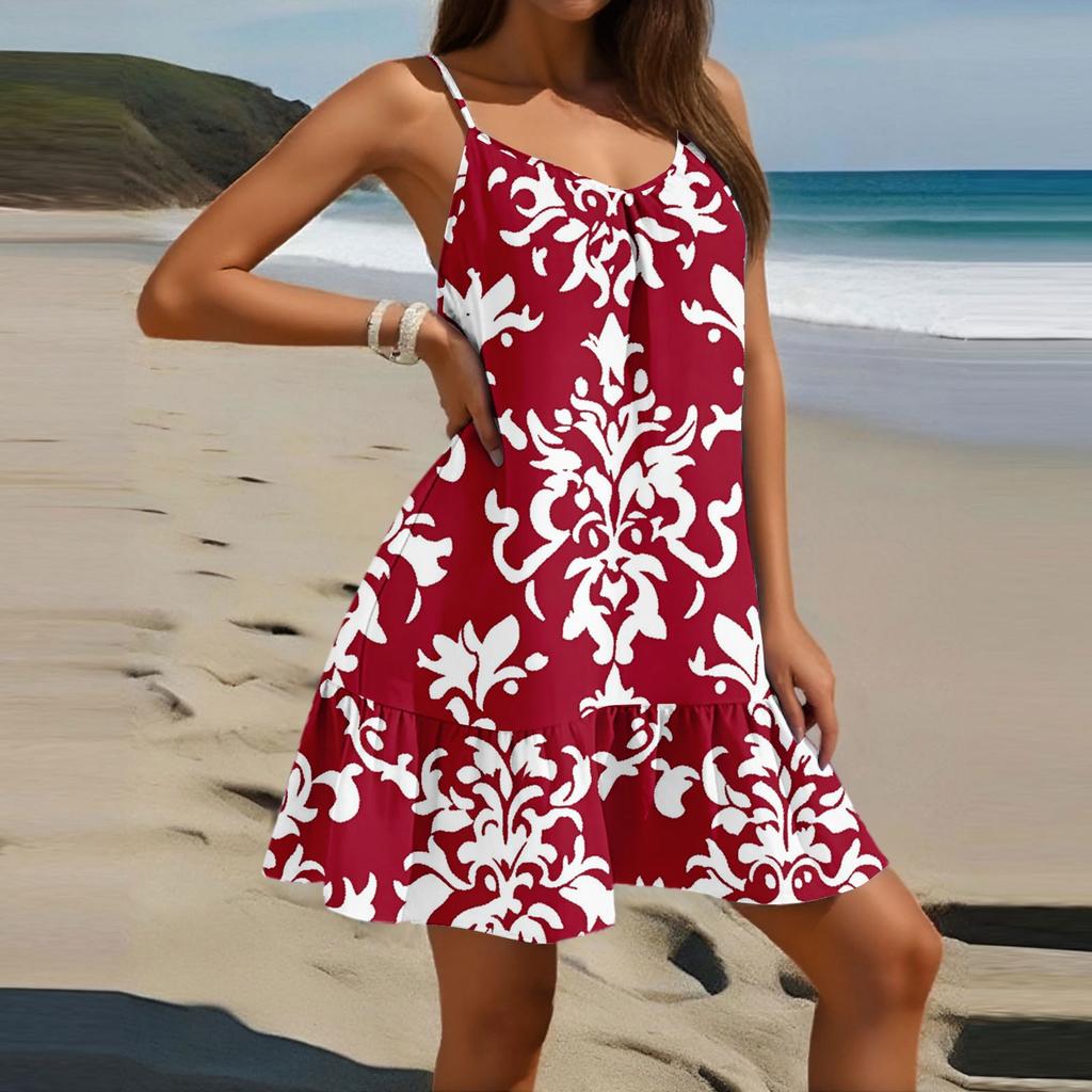 Women's Fashion Casual Sleeveless Round Neck Loose Floral Print Beach Dress