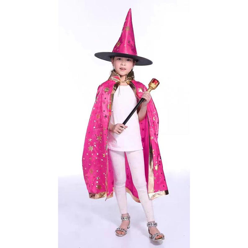 2pcs Halloween Cloak Children's Performance Costume Little Witch Magician Cosplay Five Star Cloak Hat Set Holiday Dress Up
