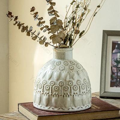 Creative Relief Ceramic Vases Retro White Living Room Decoration Light Luxury Hotel Desktop Decoration Flowers Arrangement Vase