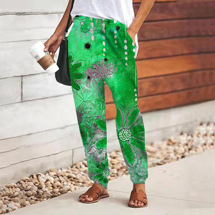Women Flower Printing Pants Lace Up Elastic Waist Loose  Trousers Casual Long Pants Trousers with Pockets