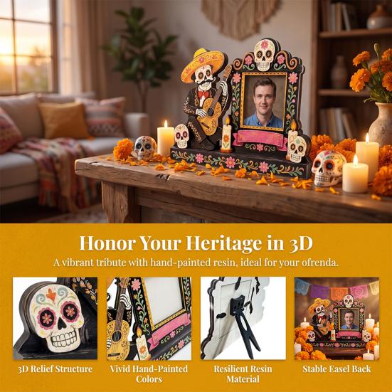 Bunte Festival Tischdekoration Totentag Fotorahmen, Lebendiger Blumiger Zuckerknochen Muster Druck, Dia De Los Muertos Tischdisplay Mexikanische Katrina