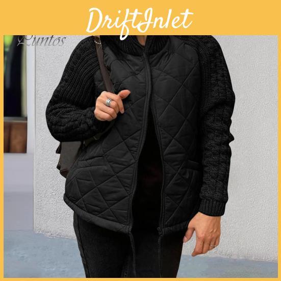 Women Collar Winter Coat Stand Neck Protection Knitted Patchwork Drawstring Hem Zipper Closure Mid Length Windproof Cotton Jacket