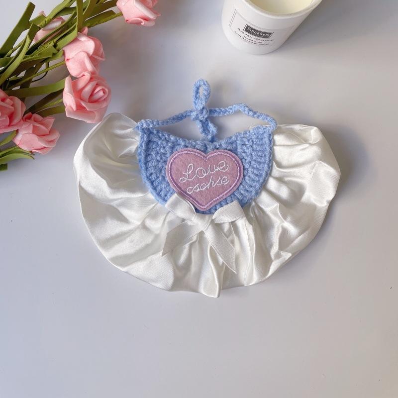 Cute Princess‑Style Cream Pet Bib Love Embroidered Bow Decor Saliva Towel for Cats Dogs