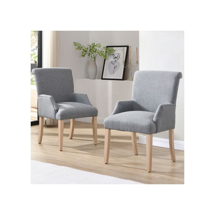 Chaise de salle à manger - MUVOE - Ensemble de 2 - Lin naturel - Pieds en bois massif - Accoudoirs