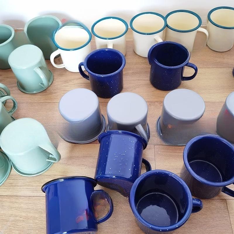 Vintage Enamel Coffee Mug Set with Lids and Rope Handles
