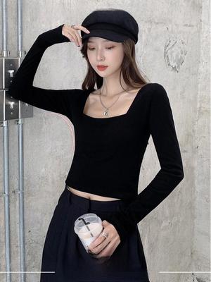 Damen Slim Langarm Oberteil mit eckigem Ausschnitt: Sexy kurzes Schlüsselbeindesign für Frühling, Herbst und Winter
