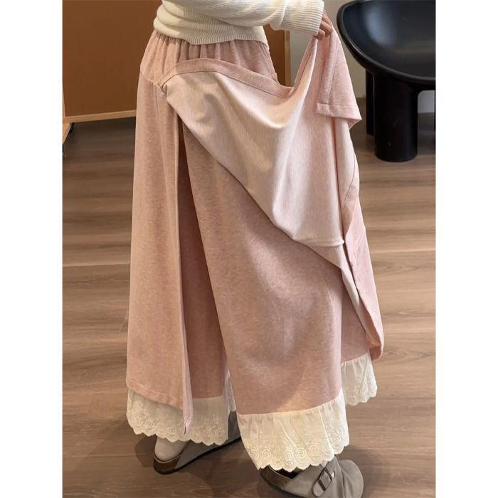 Patchwork Lace Trim High-Waisted Woolen Wide-Leg Pants for Women - Autumn/Winter Plus Velvet Casual Loose Fit.