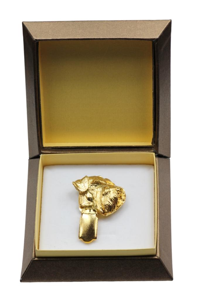 Schnauzer I - brooch with a clip, gold-plated holder for a start number, a gift for a dog show by Art-Dog brand.