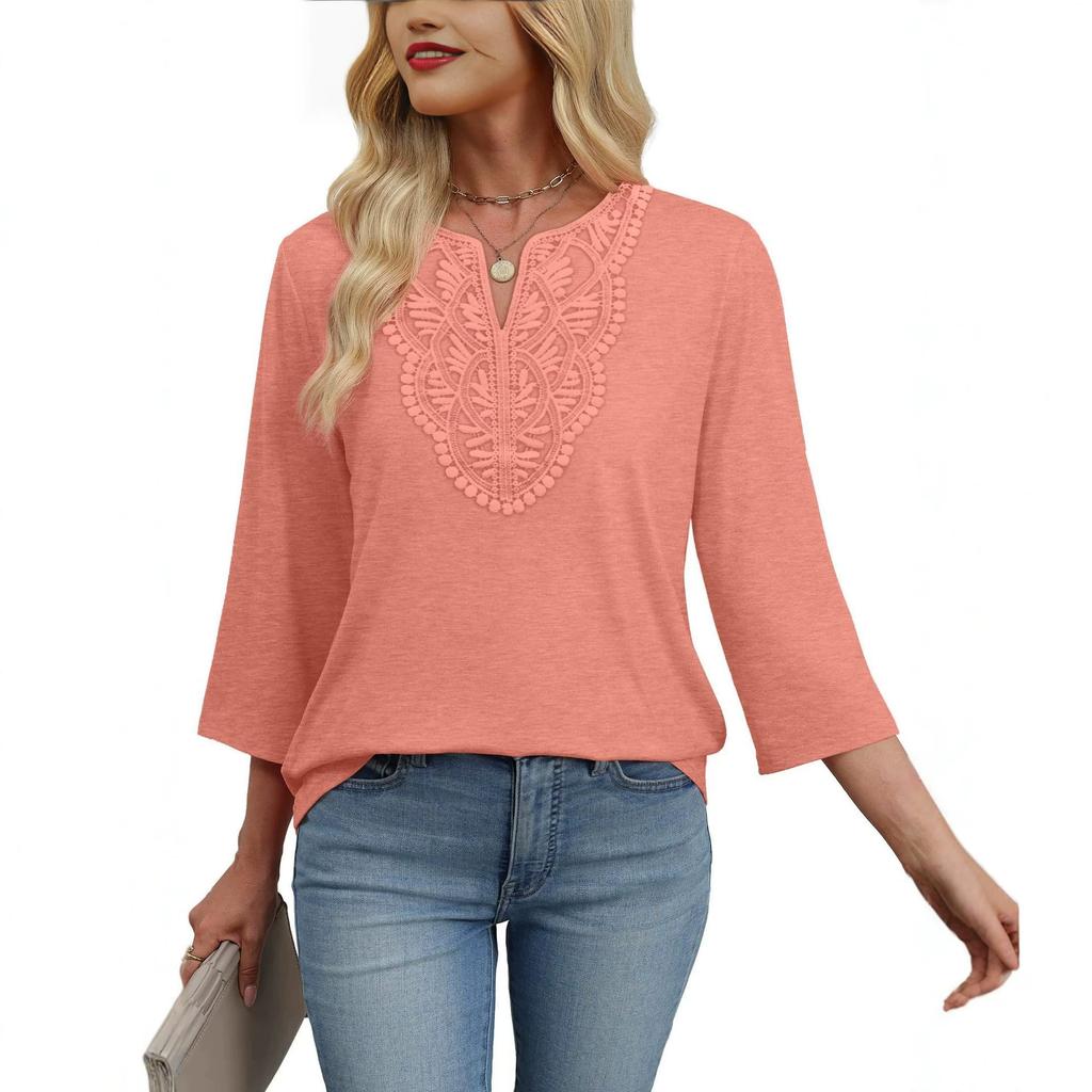 Damen V-Ausschnitt Spitze Patchwork 3/4 Ärmel Lässig Bluse Locker Einfarbige Tunika Top