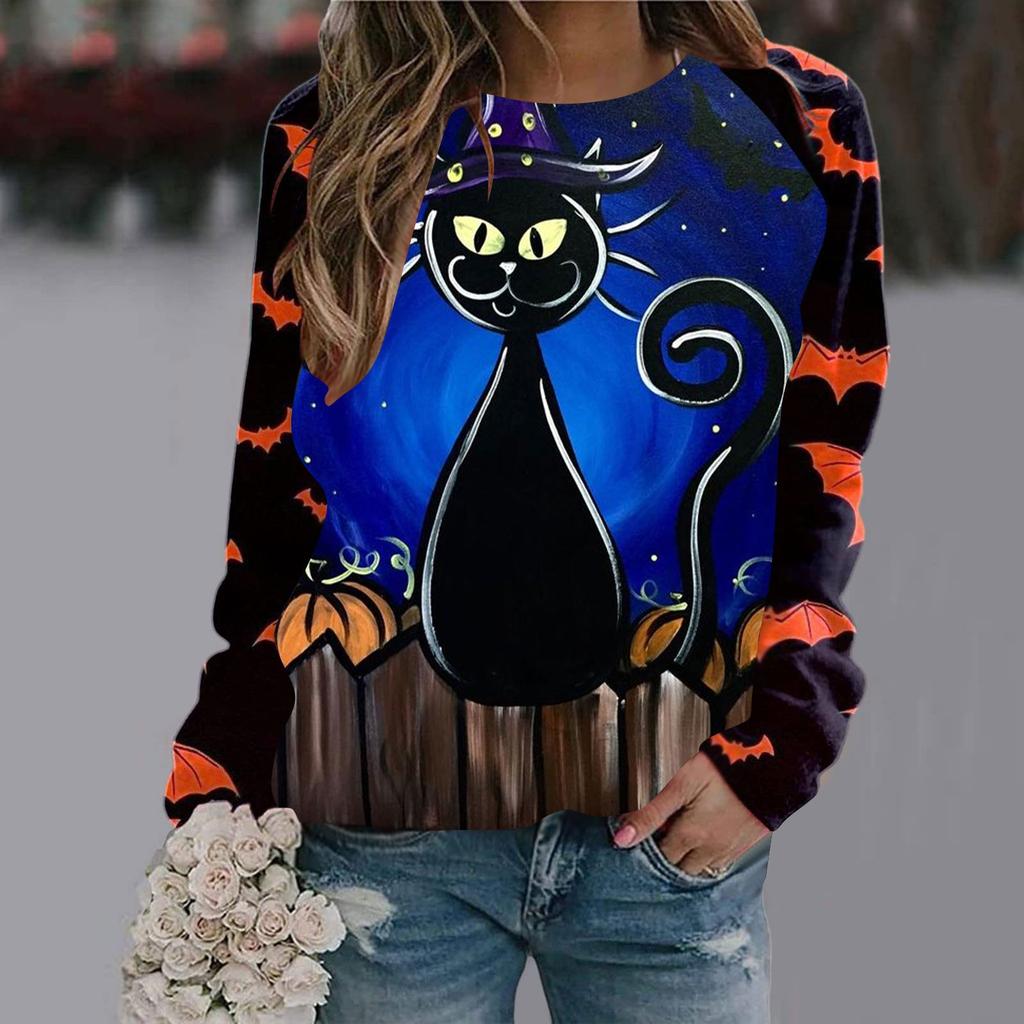 Dames avslappet mote Halloween-trykk langermet genser T-skjorte topp