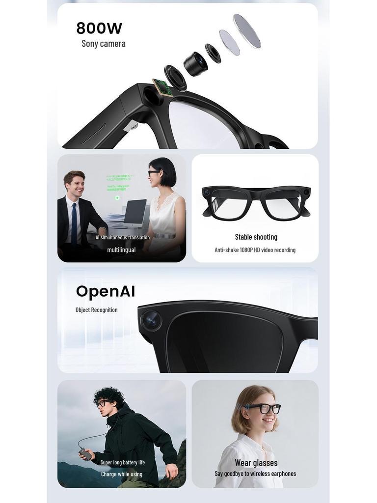 KI Smart 800W HD Video Bluetooth Brille: Kamera, Erkennung, Übersetzung & Musik