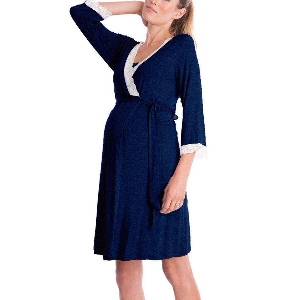 

Fashion Lace Three Quarter Sleeve Maternity Dress Short Sleeve Robe Pajamas for Pregnant Women XXL темно-синього кольору