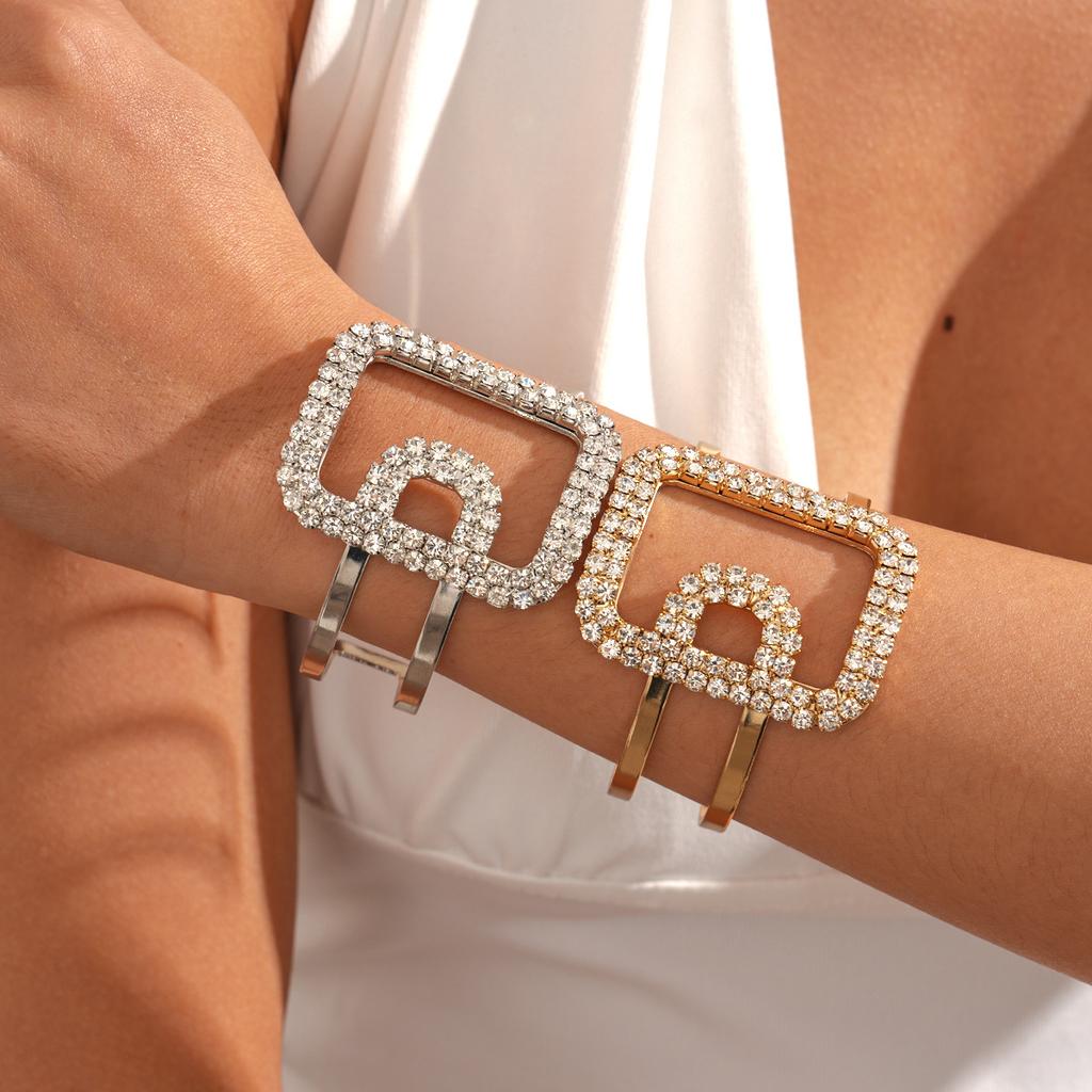 Metal sense diamond-set square geometric opening bracelet, arm ring exaggerated personality fashion light luxury jewelry