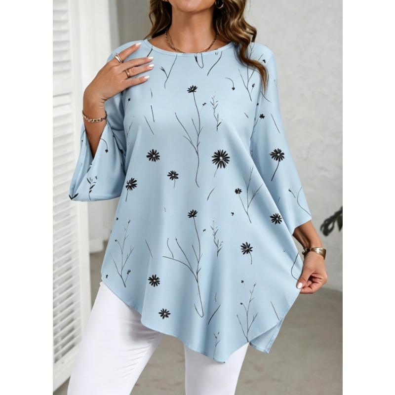 [Blusentop in Übergröße] Damen Casual Elegantes Blusentop mit Blumendruck und Rundhalsausschnitt für den Sommer - Übergröße