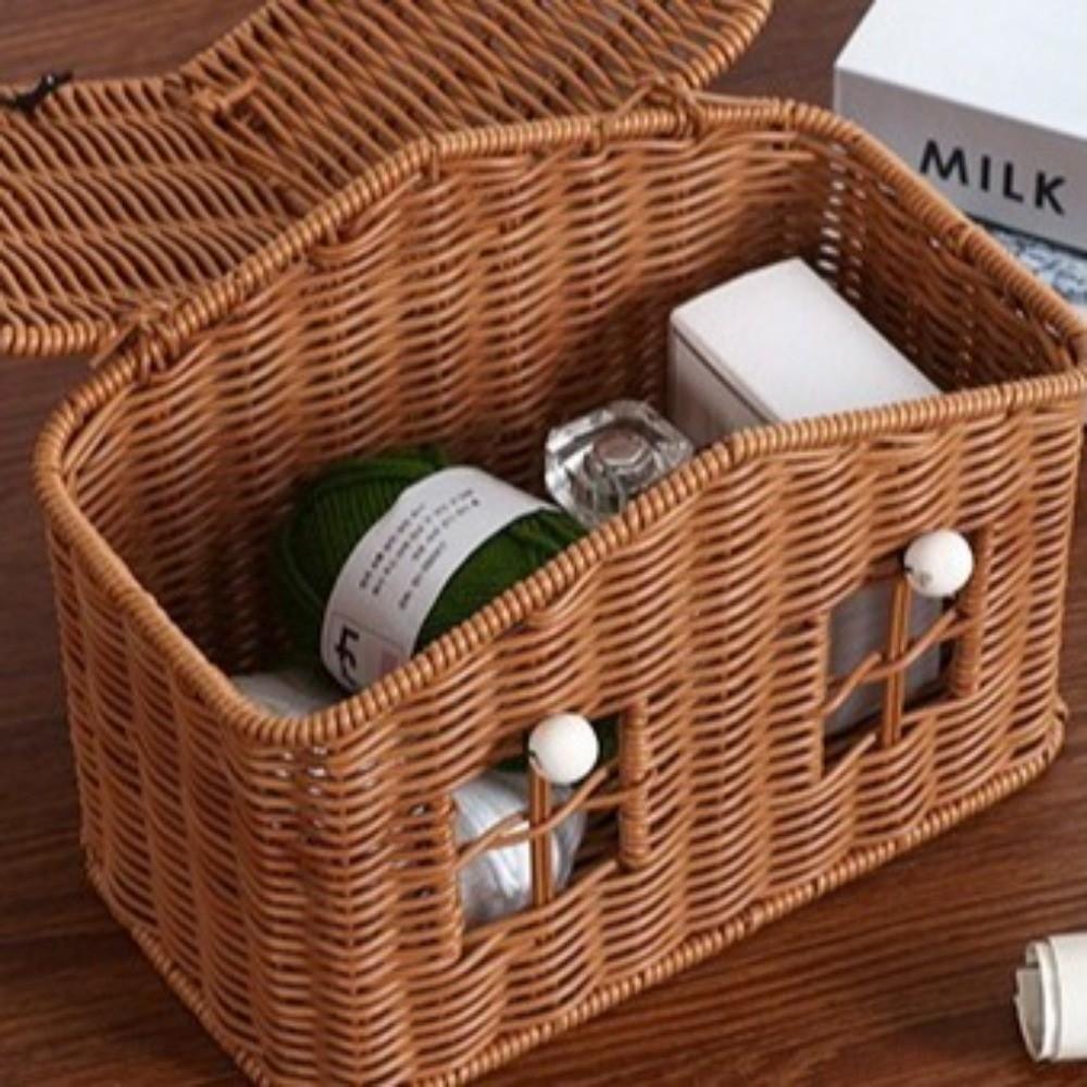 With Lid & Handle House Shaped Gift Basket Sundries Organizer Woven Storage Basket  Picnic