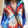 EDOLYNSA 2024 Plus Size Bunter Schmetterlingsdruck Handgestrickt V-Ausschnitt Lässiger Kaftan Damen Hauskleid Sommer Beachwear Badeanzug Cover Up Q1634