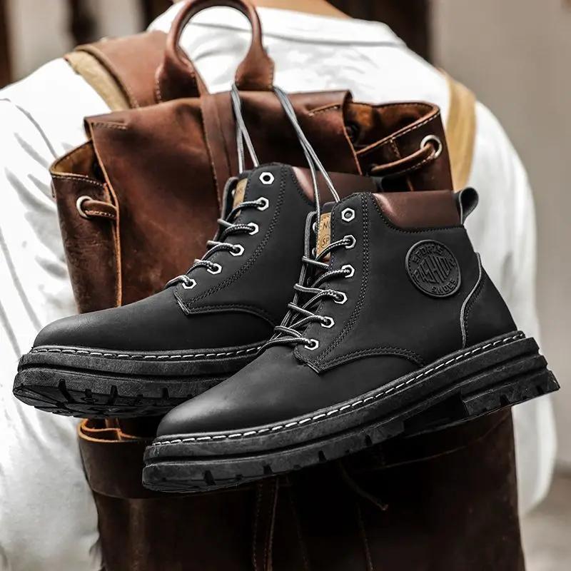 2026 Trendy Men's Lace Up High Top Fleece Lined Cotton Workwear Boots Spring Autumn Outdoor Motorcycle UK Style Short Boots